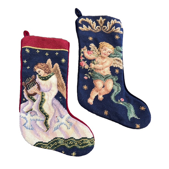 Lot of 2 Vintage Handmade Wool Needlepoint Embroidery Christmas Angel Stockings - Picture 1 of 5